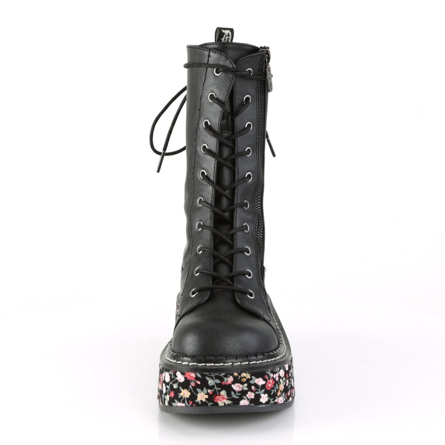 Emily-350 Black Vegan Leather-Floral Fabric Demonia