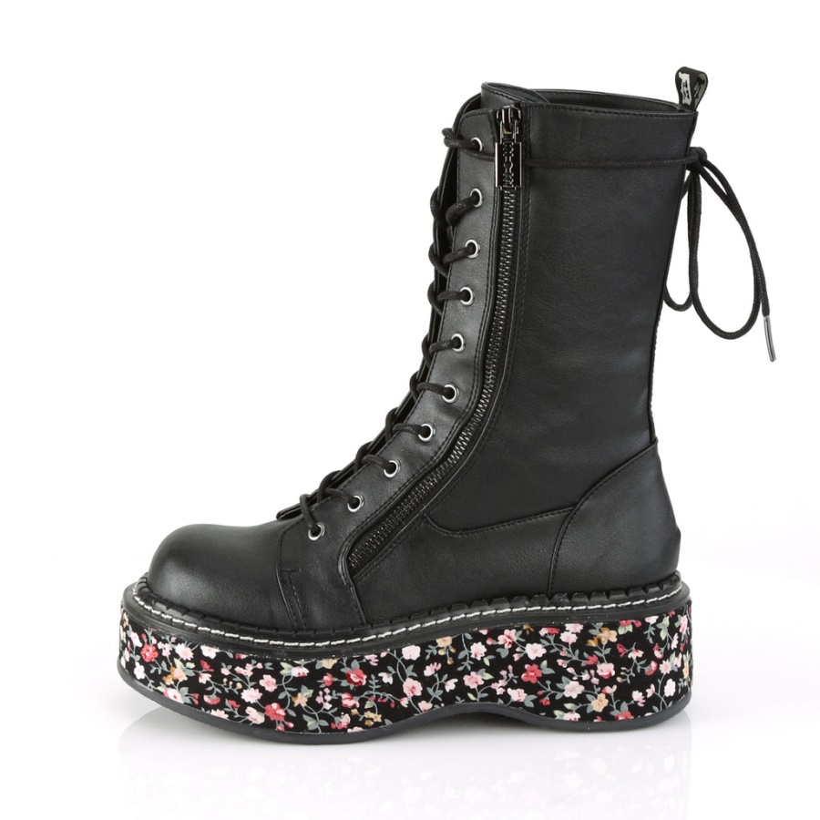 Emily-350 Black Vegan Leather-Floral Fabric Demonia