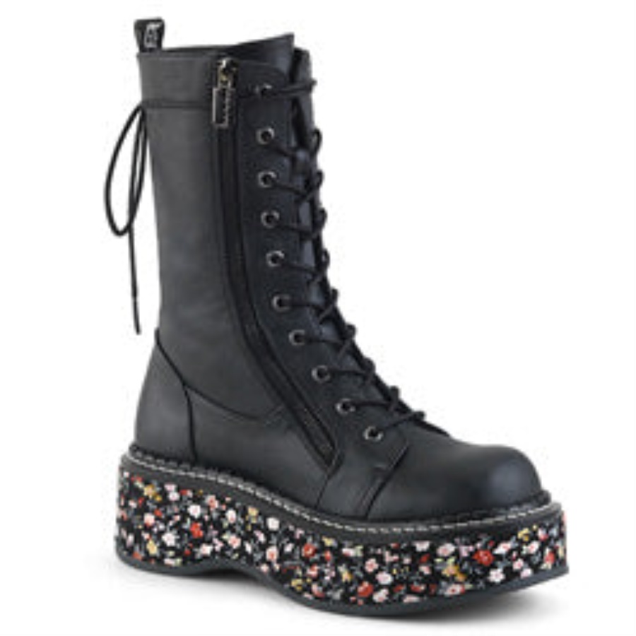 Emily-350 Black Vegan Leather-Floral Fabric Demonia