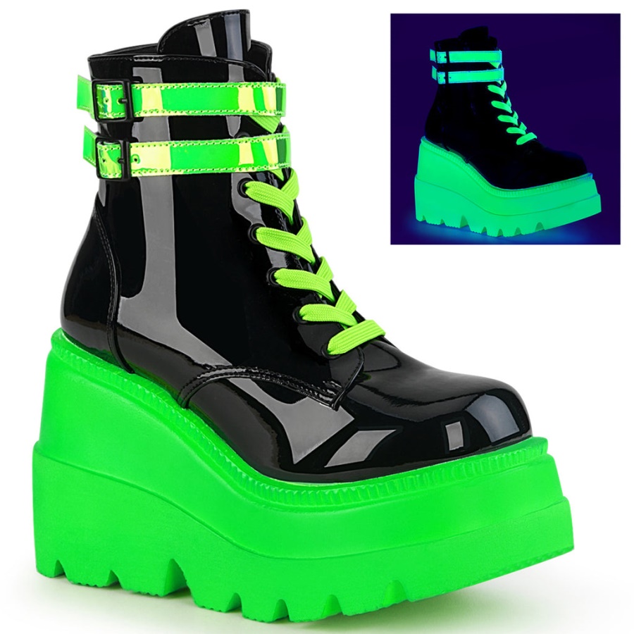 Shaker-52 Black Patent-U V Neon Green Demonia