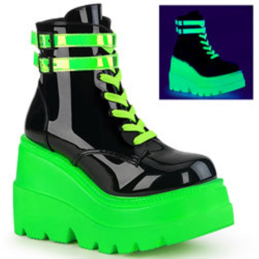 Shaker-52 Black Patent-U V Neon Green Demonia