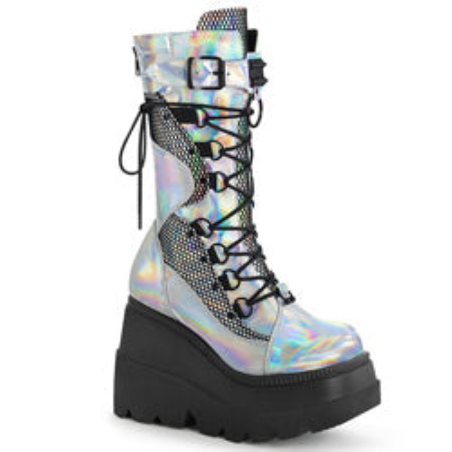 Shaker-70 Silver Holo Vegan Leather Demonia