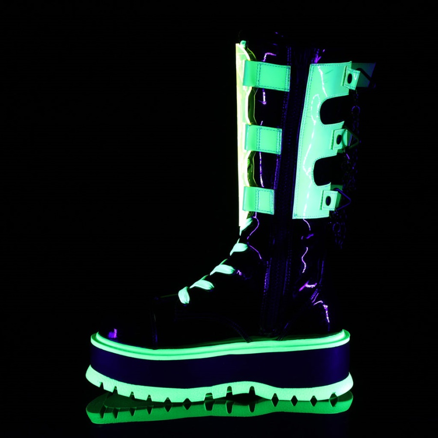 Slacker-156 Demonia Black Patent-U V Neon Green