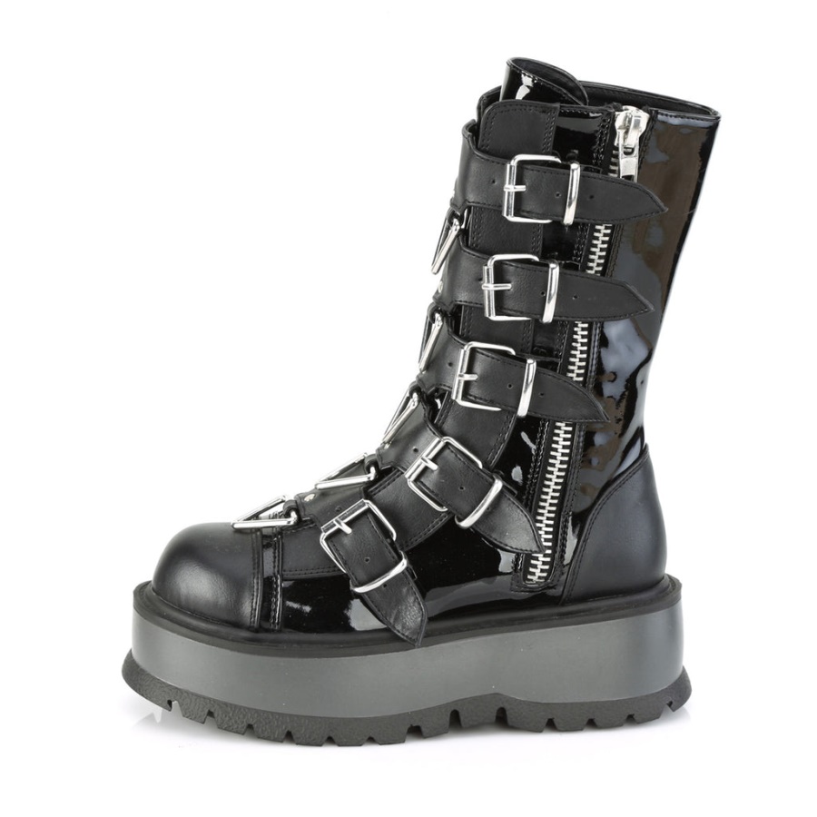 Slacker-160 Black Patent-Vegan Leather Demonia