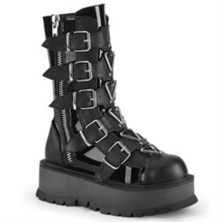 Slacker-160 Black Patent-Vegan Leather Demonia