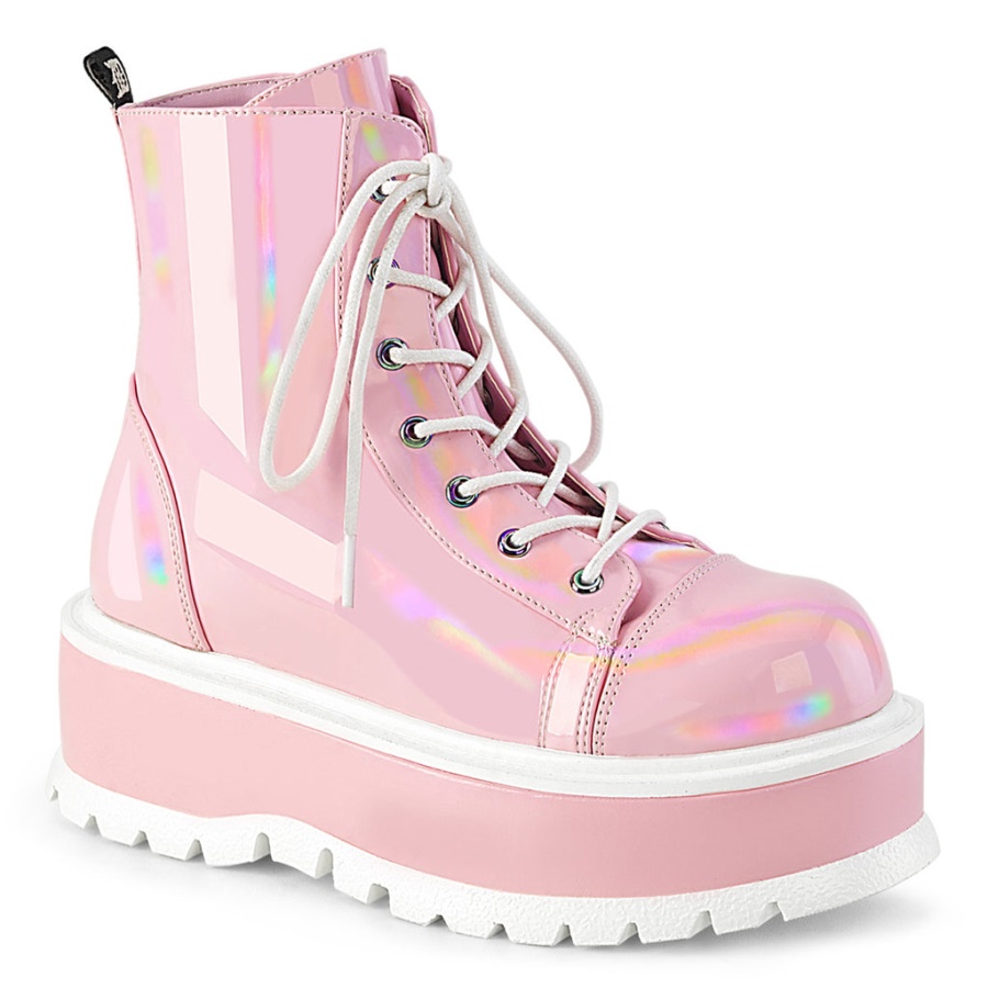 Slacker-55 Baby Pink Holo Patent Demonia