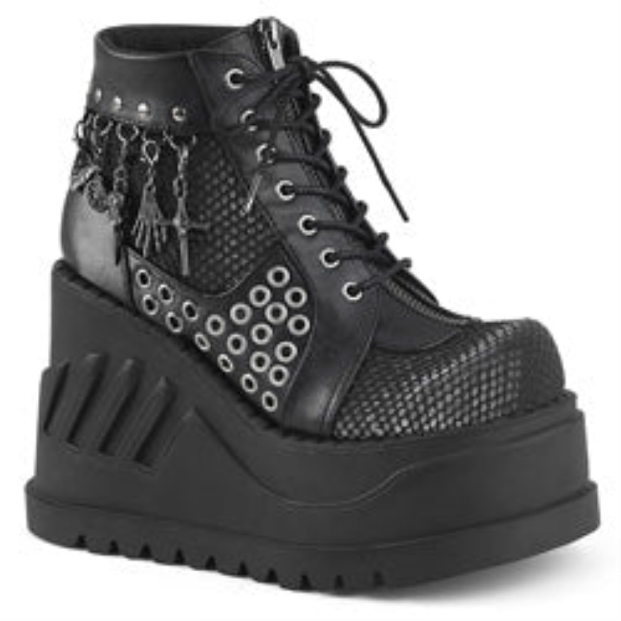 Stomp-18 Demonia Black Vegan Leather-Gray Velvet
