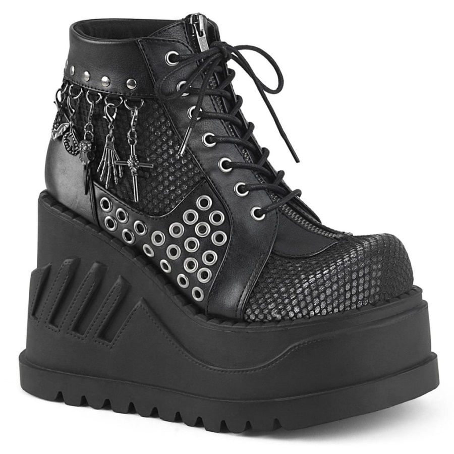 Stomp-18 Demonia Black Vegan Leather-Gray Velvet
