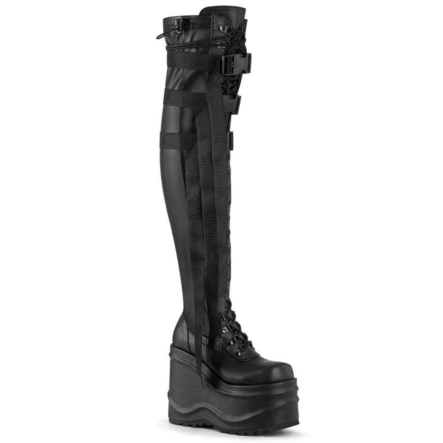 Wave-315 Black Stretch Vegan Leather Demonia